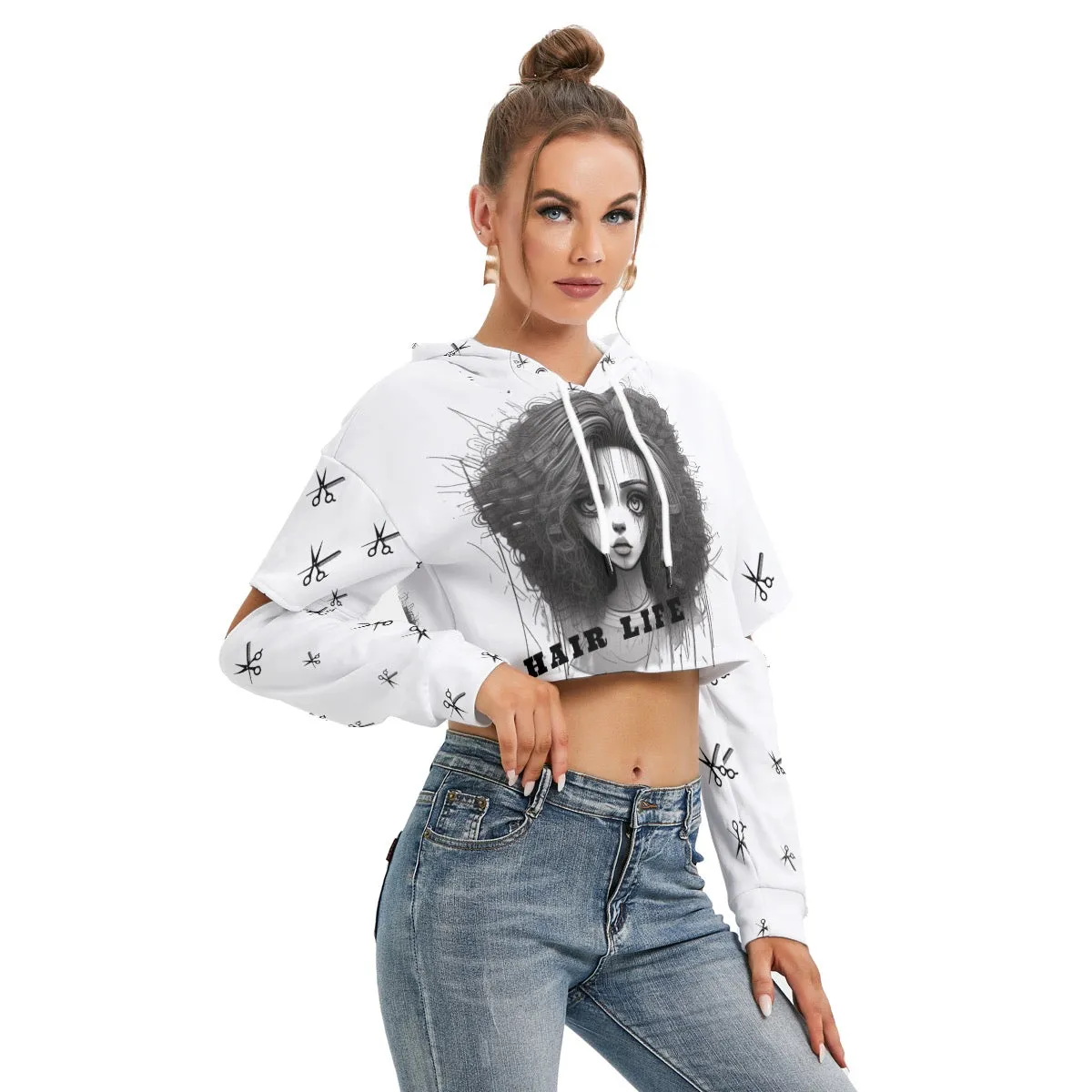 All-Over Print Women's Heavy Fleece Hoodie With Hollow Out Sleeve hair, life  print