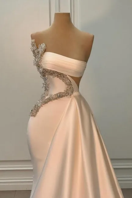 Attractive Long Ivory Strapless Beading Satin Sleeveless Prom Dress