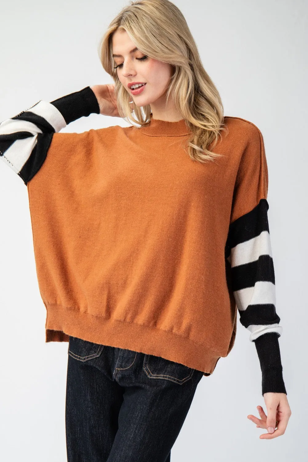 August Mornings Stripe Sleeve Mock Neck Sweater Top