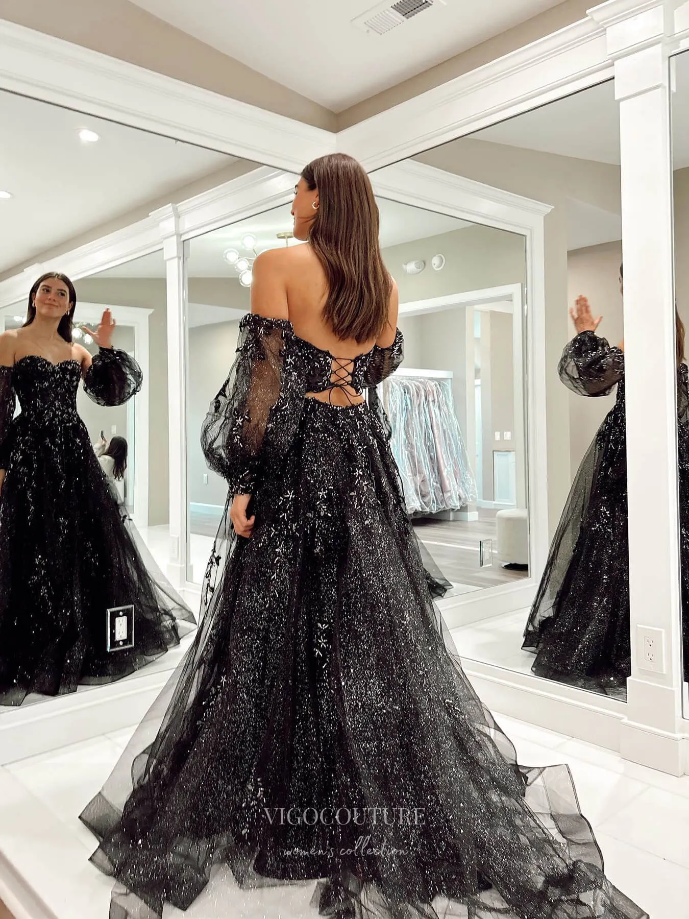 Black Beaded Lace Shimmering Tulle Prom Dresses Strapless Removable Puffed Sleeve 24125