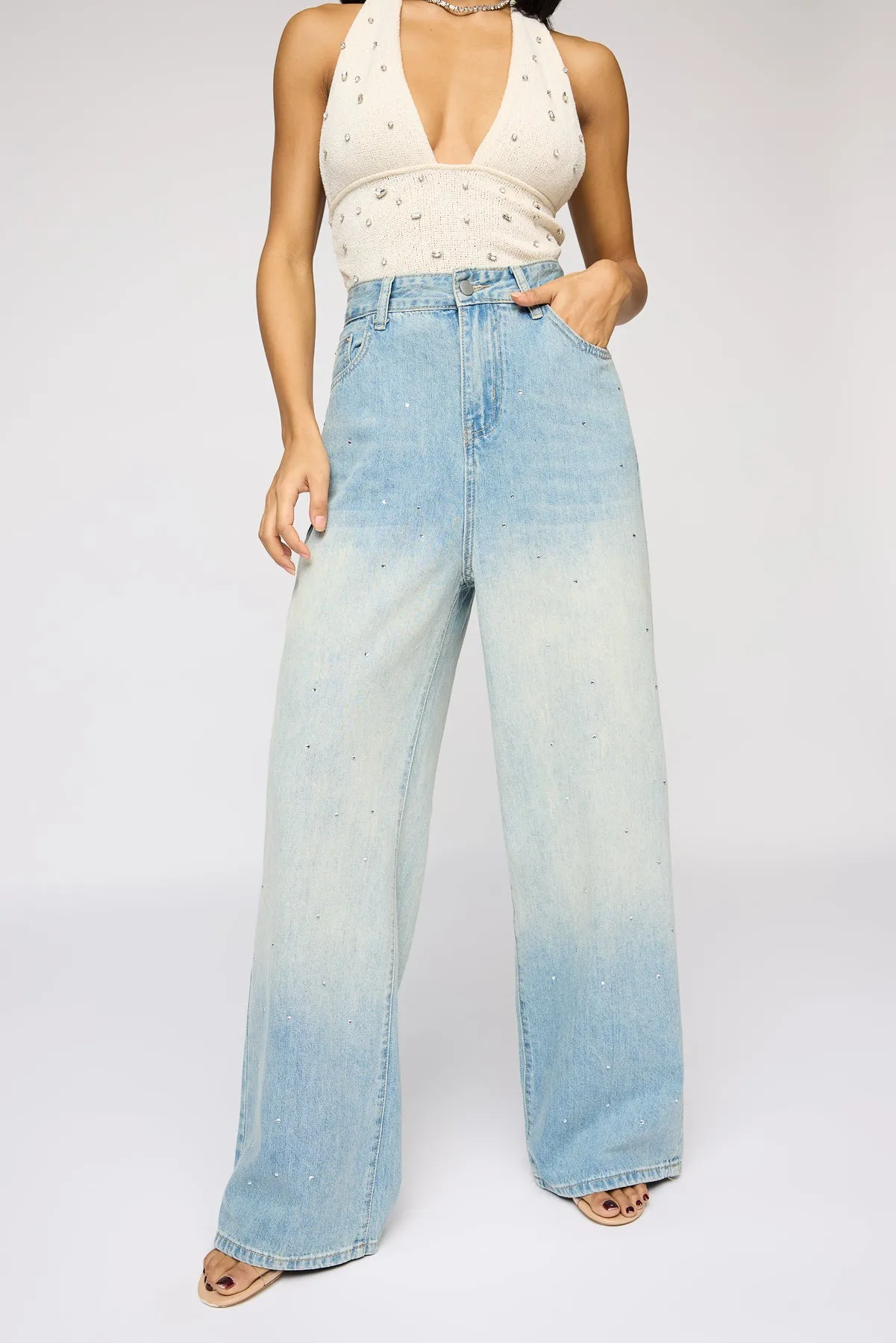 Brightwater Blue Embellished Denim Korean Pants