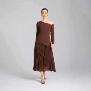 Brown One-shoulder Crepe Dress With Pleated Skirt