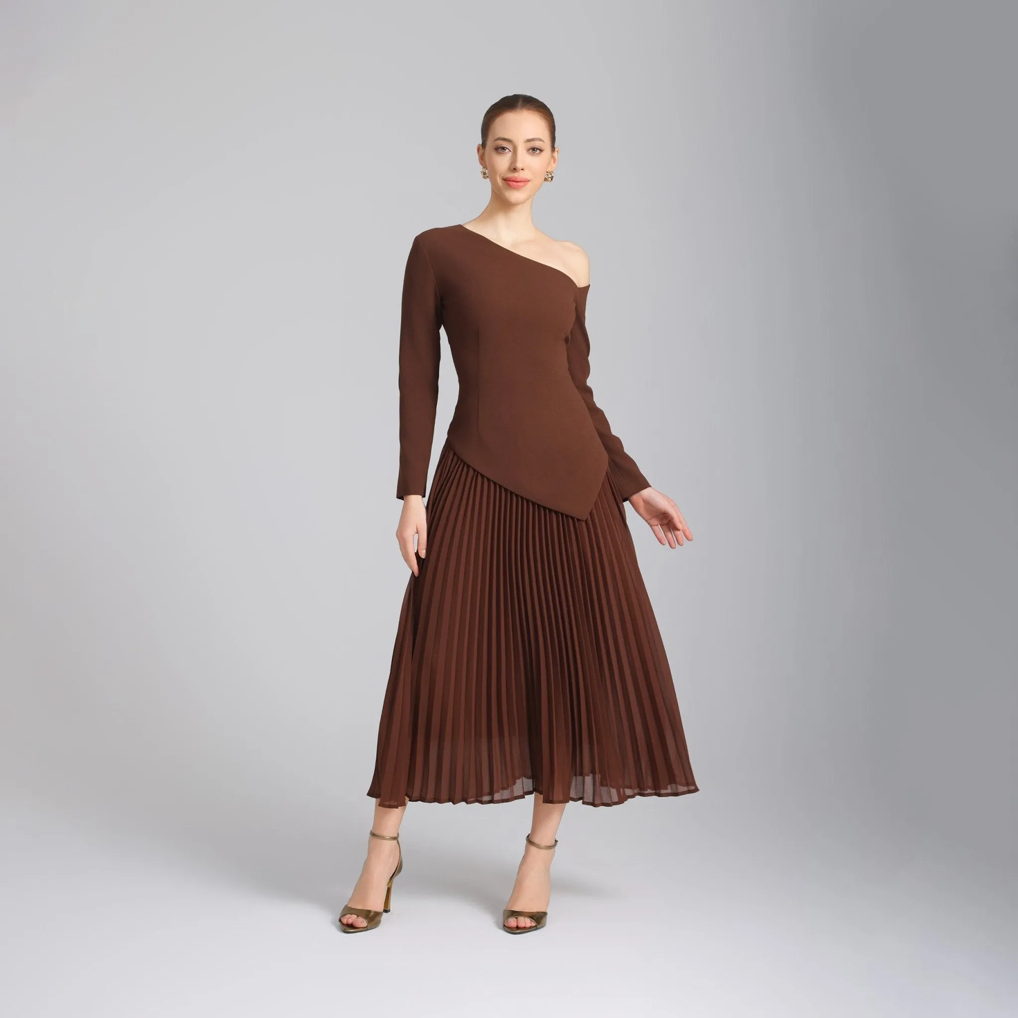 Brown One-shoulder Crepe Dress With Pleated Skirt