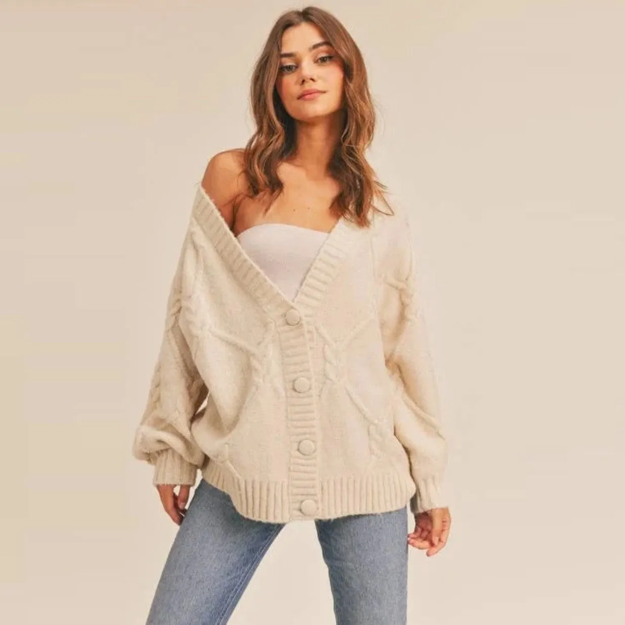 Cable Knit Cardigan Sweater (Cream)