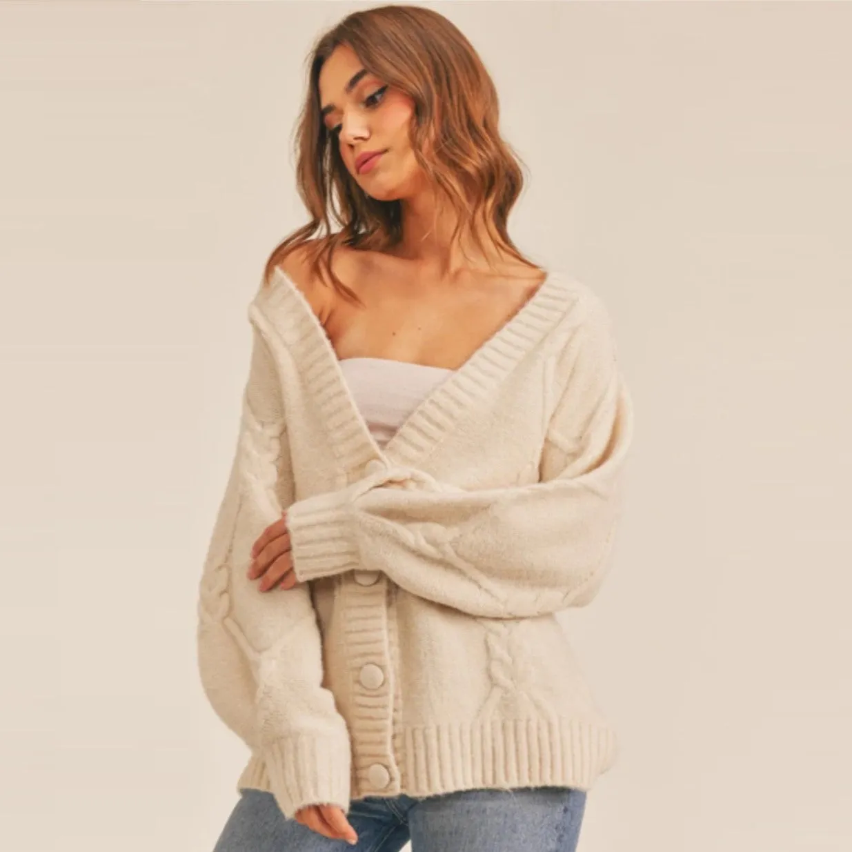 Cable Knit Cardigan Sweater (Cream)