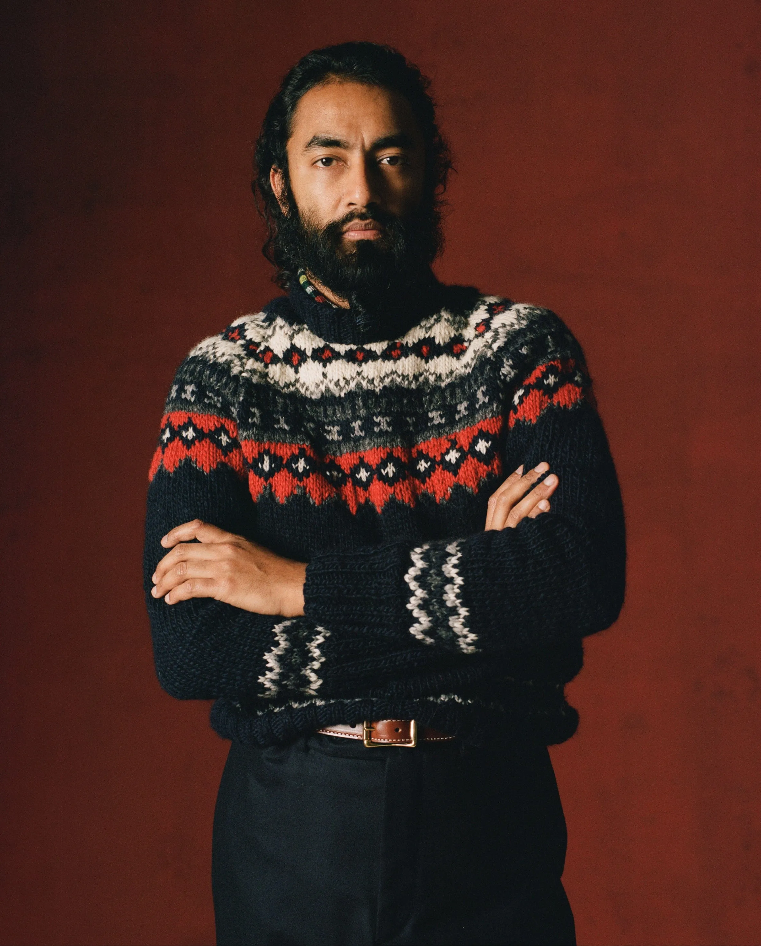 Chamula for Drake's Navy and Red Fairisle Merino Jumper