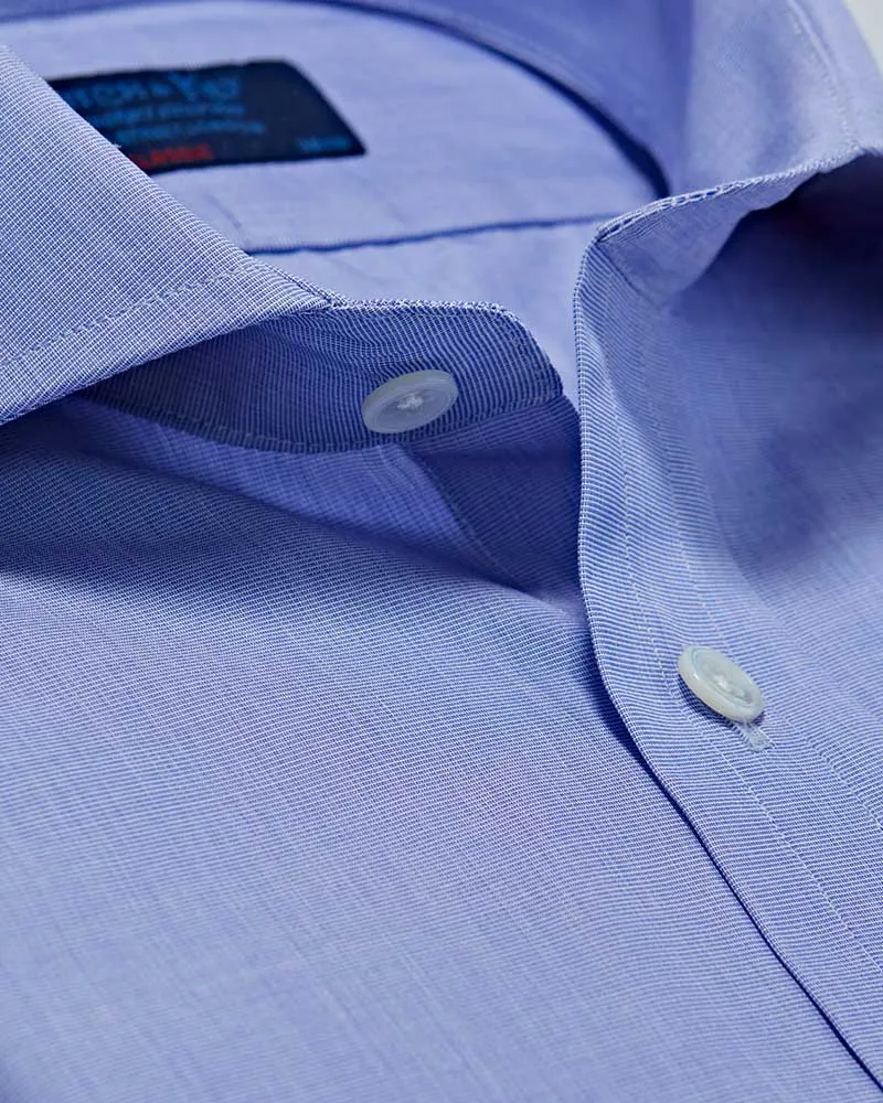 Classic Fit Plain Blue End-on-End Cotton Poplin Shirt with Cut-away Collar & Two Button Cuff