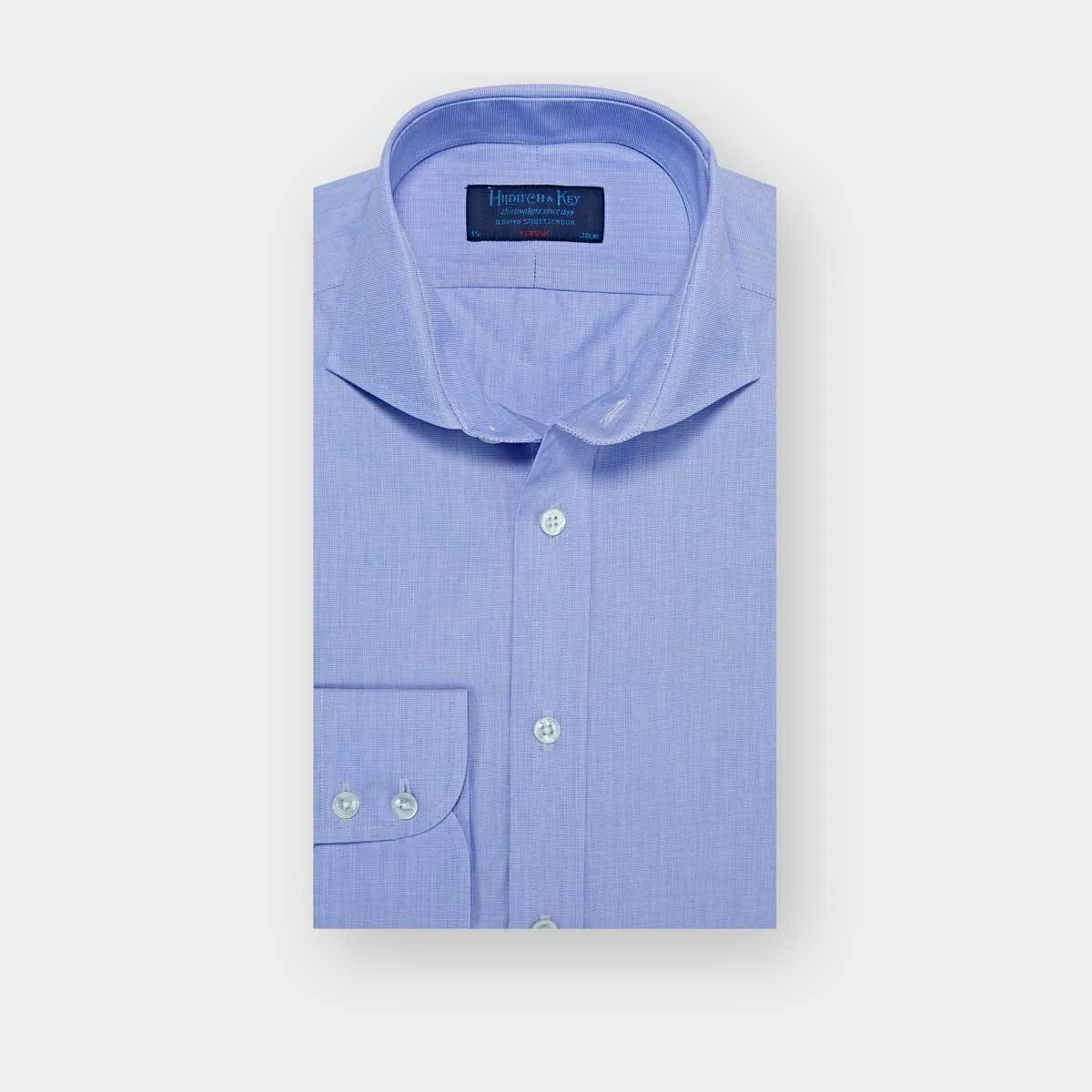 Classic Fit Plain Blue End-on-End Cotton Poplin Shirt with Cut-away Collar & Two Button Cuff