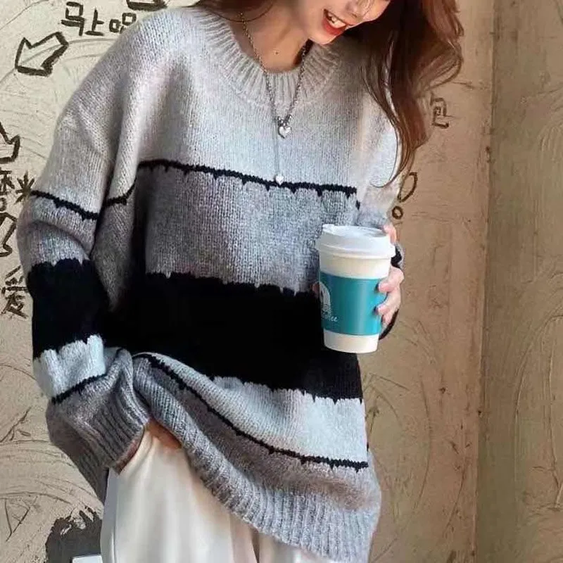 Contrast Striped Knit Crewneck Jumper Sweater Ribbed