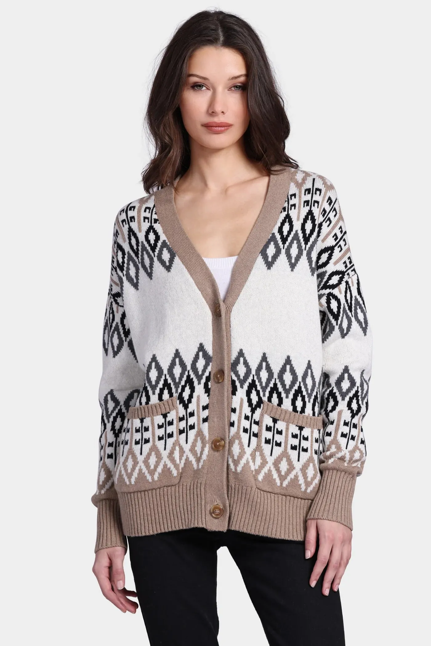 Cotton Cashmere Fair Isle Oversized Cardigan, Starch Combo