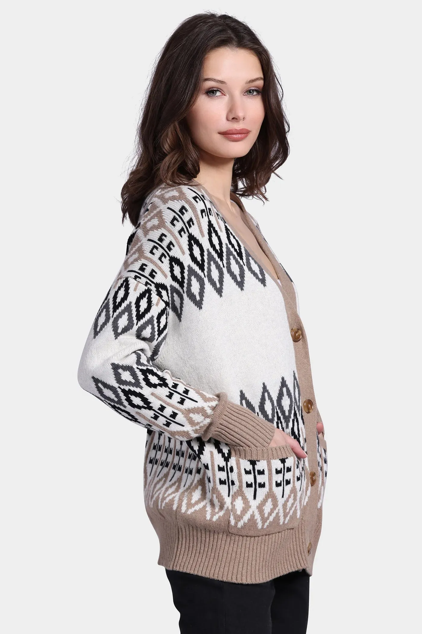 Cotton Cashmere Fair Isle Oversized Cardigan, Starch Combo