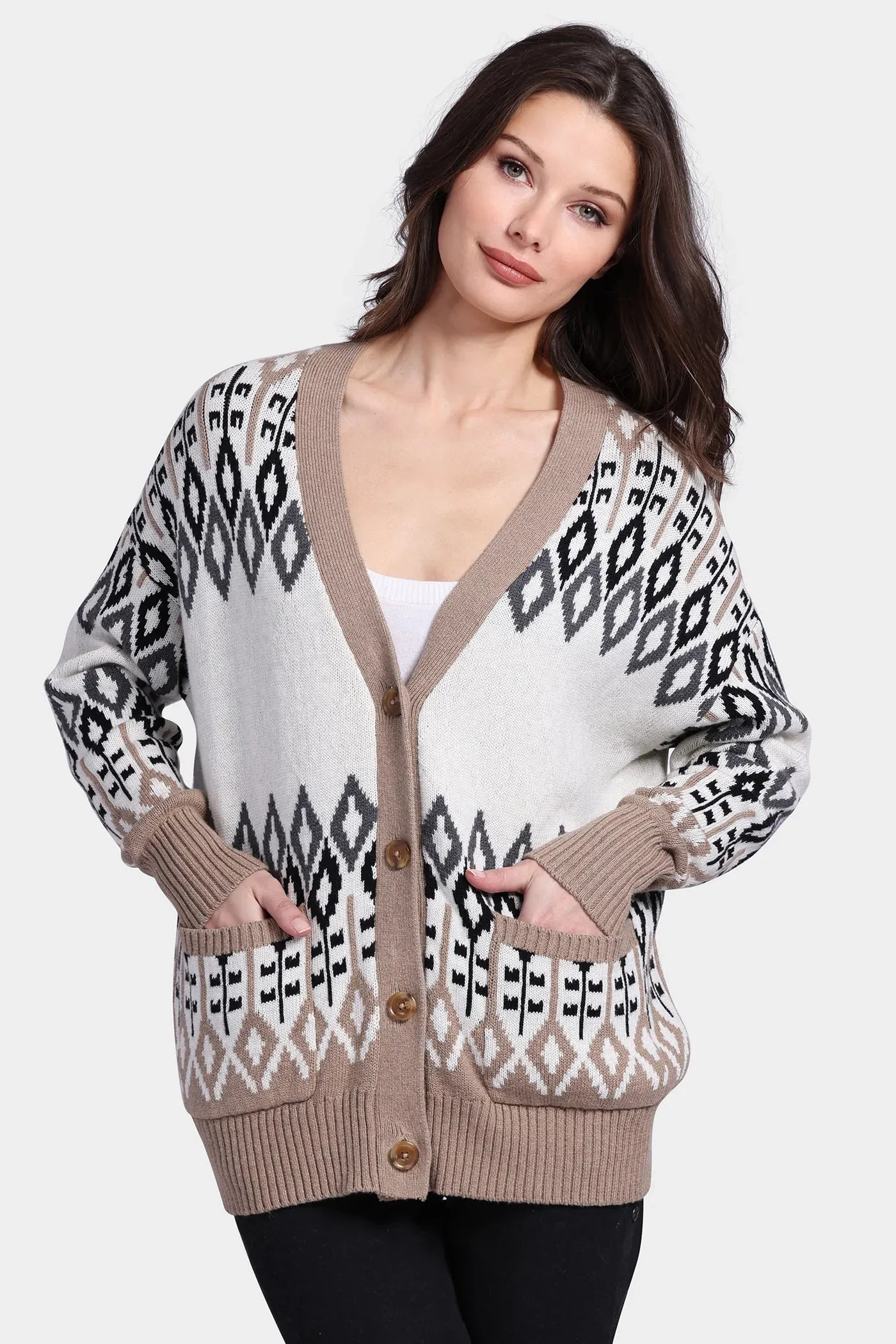 Cotton Cashmere Fair Isle Oversized Cardigan, Starch Combo