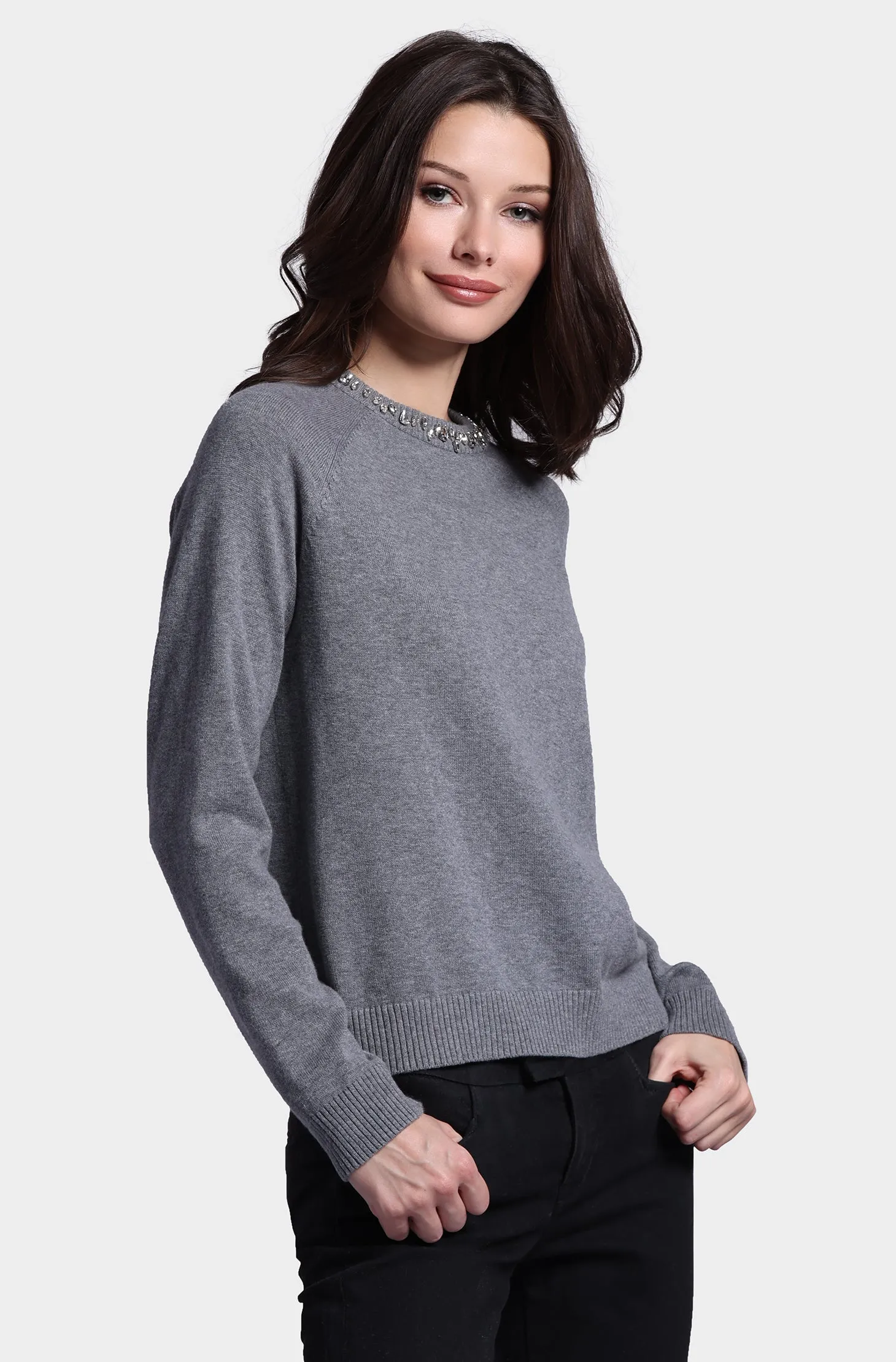 Cotton Cashmere Raglan Crew Jewel Neck