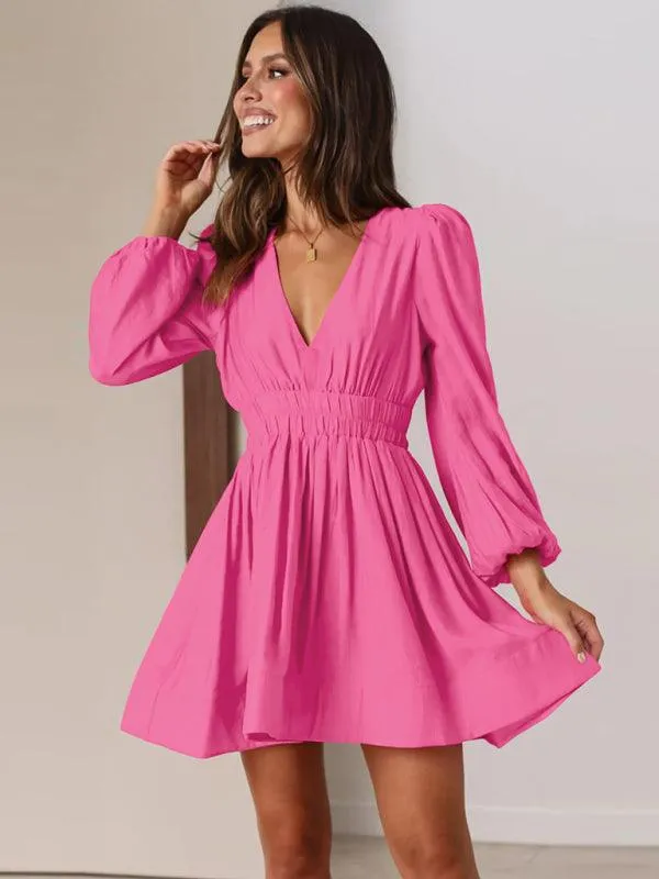 Elegant Long Sleeve V-Neck Pleated Dress - Effortless Style