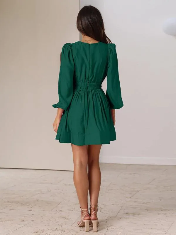 Elegant Long Sleeve V-Neck Pleated Dress - Effortless Style