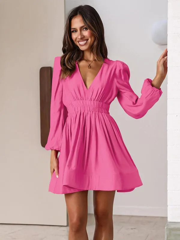 Elegant Long Sleeve V-Neck Pleated Dress - Effortless Style