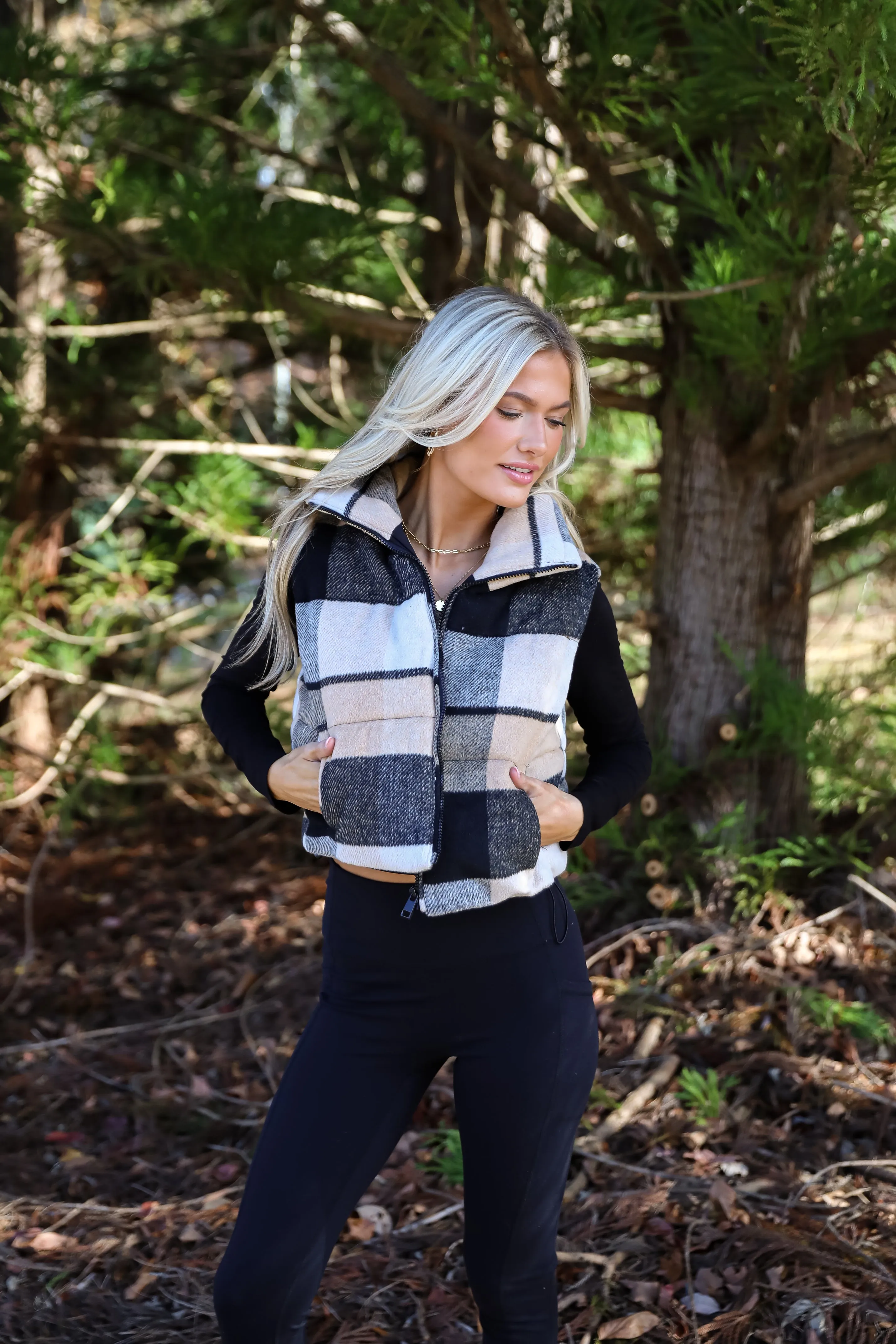 FINAL SALE - Wintertime Crush Taupe Plaid Puffer Vest