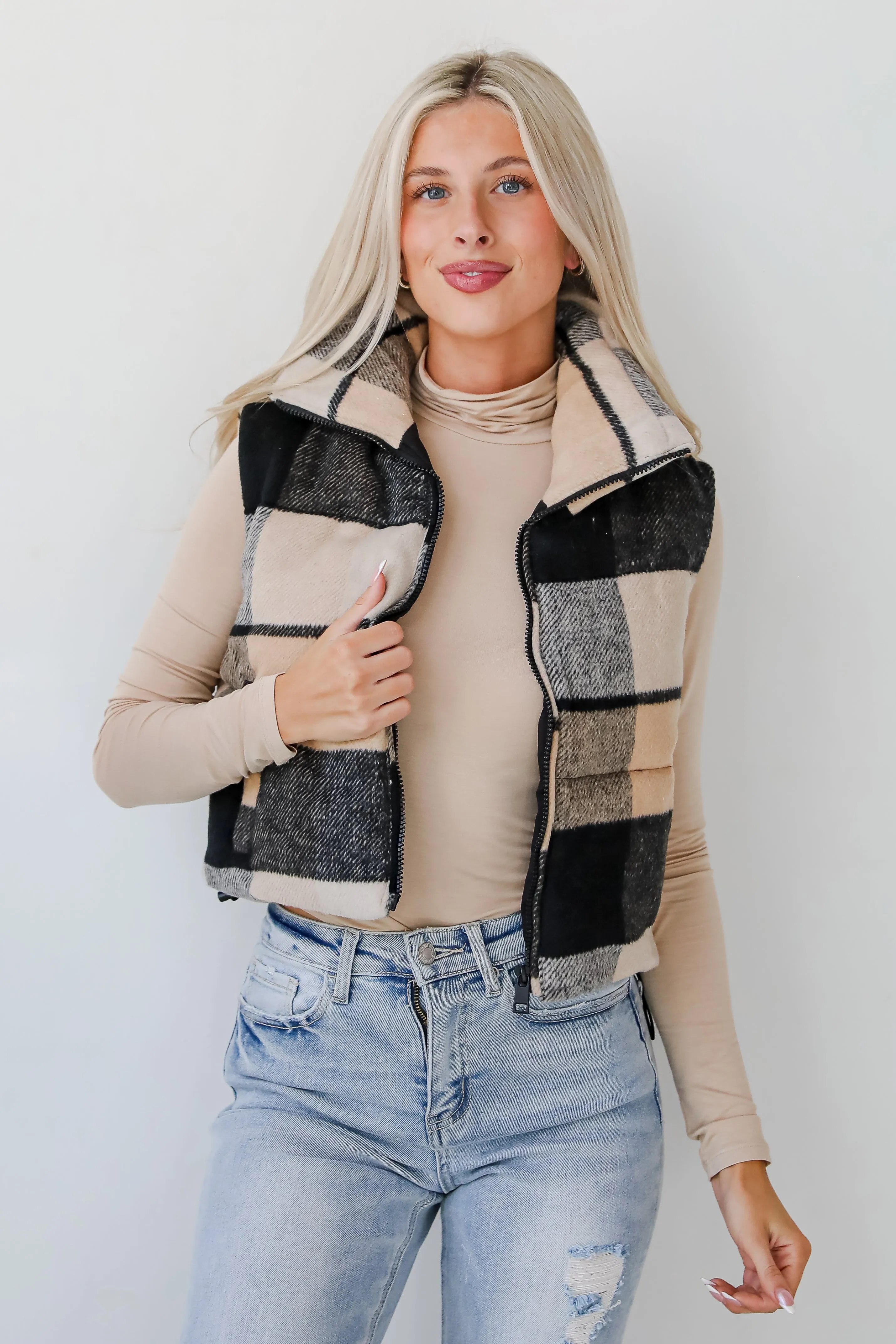 FINAL SALE - Wintertime Crush Taupe Plaid Puffer Vest