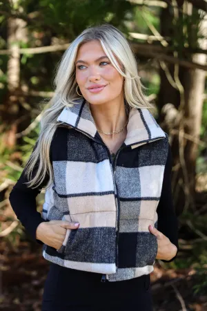 FINAL SALE - Wintertime Crush Taupe Plaid Puffer Vest