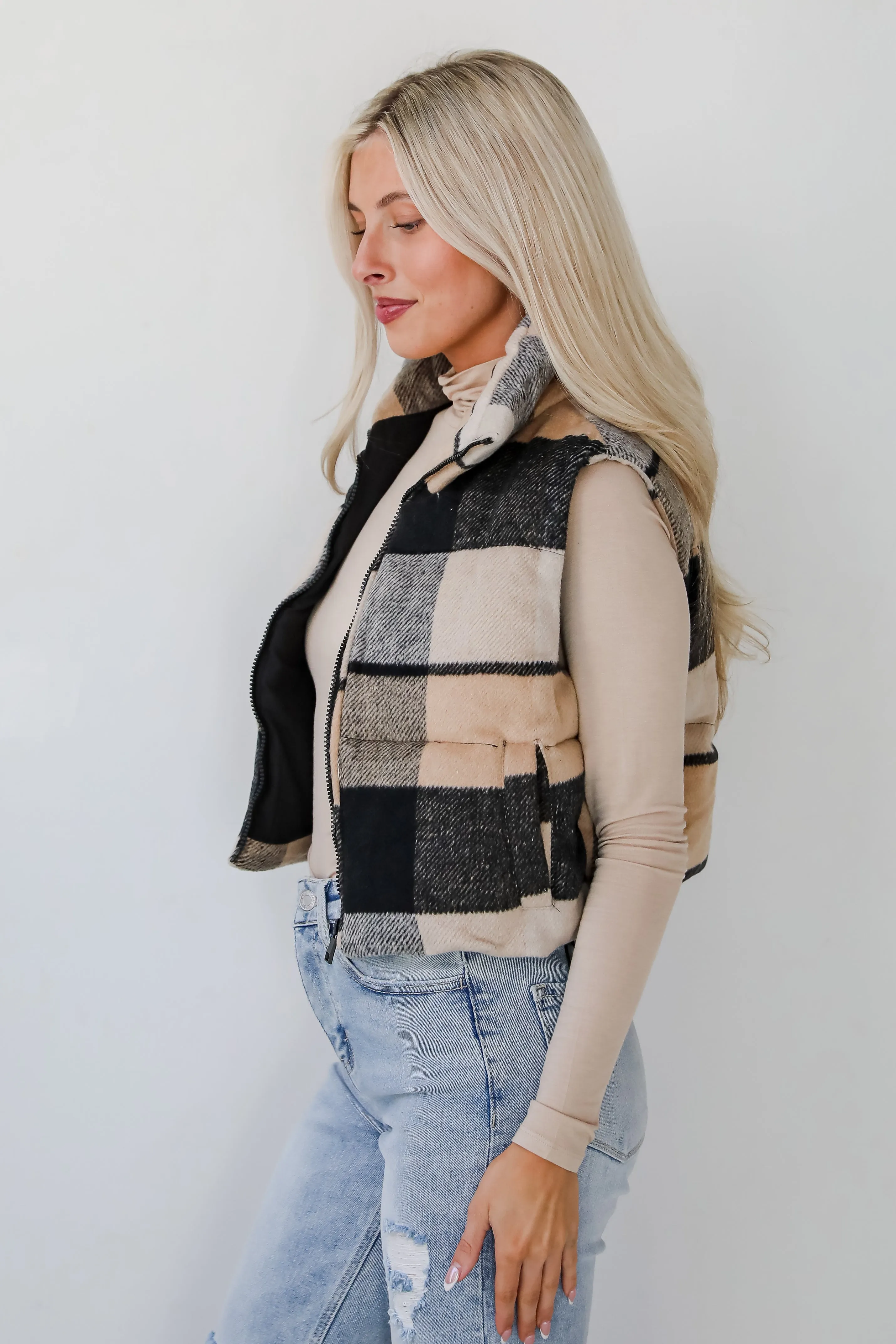 FINAL SALE - Wintertime Crush Taupe Plaid Puffer Vest