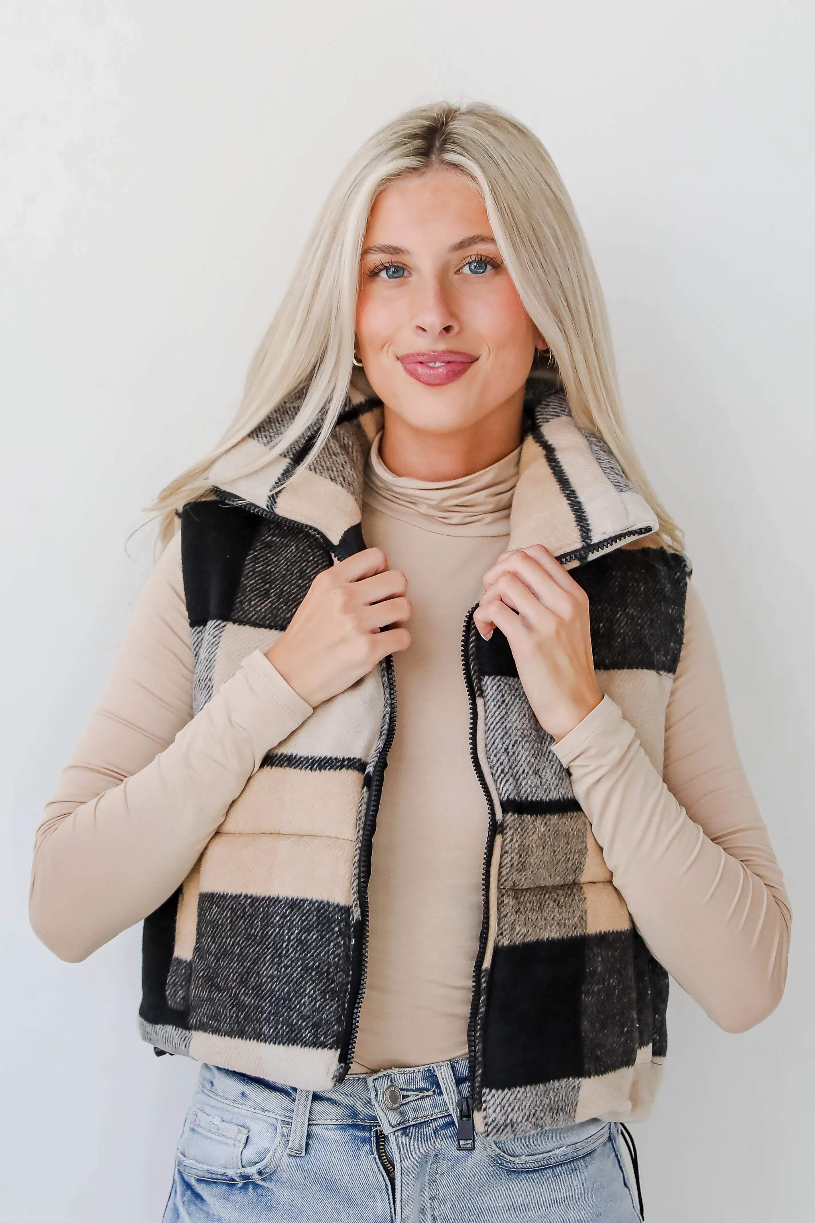 FINAL SALE - Wintertime Crush Taupe Plaid Puffer Vest