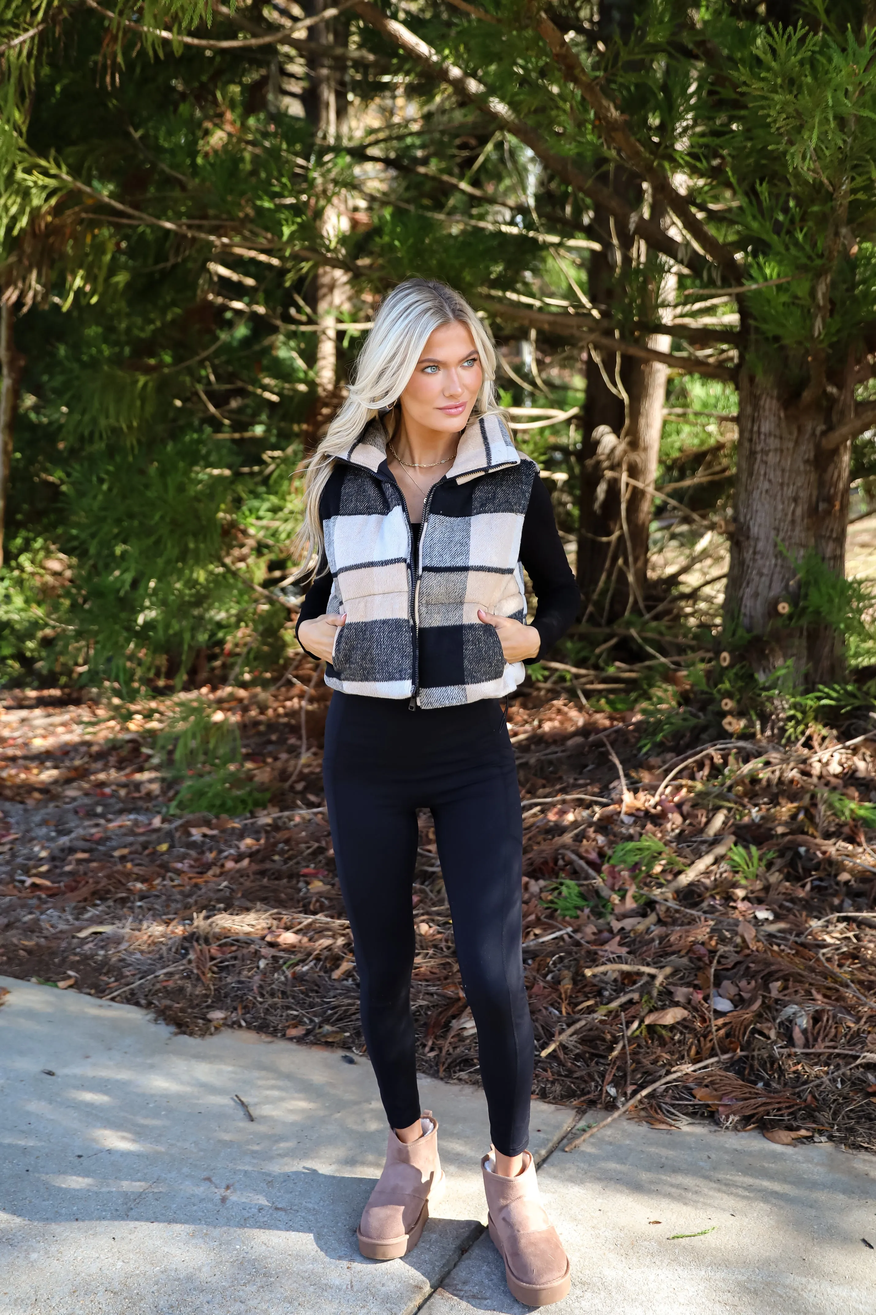 FINAL SALE - Wintertime Crush Taupe Plaid Puffer Vest