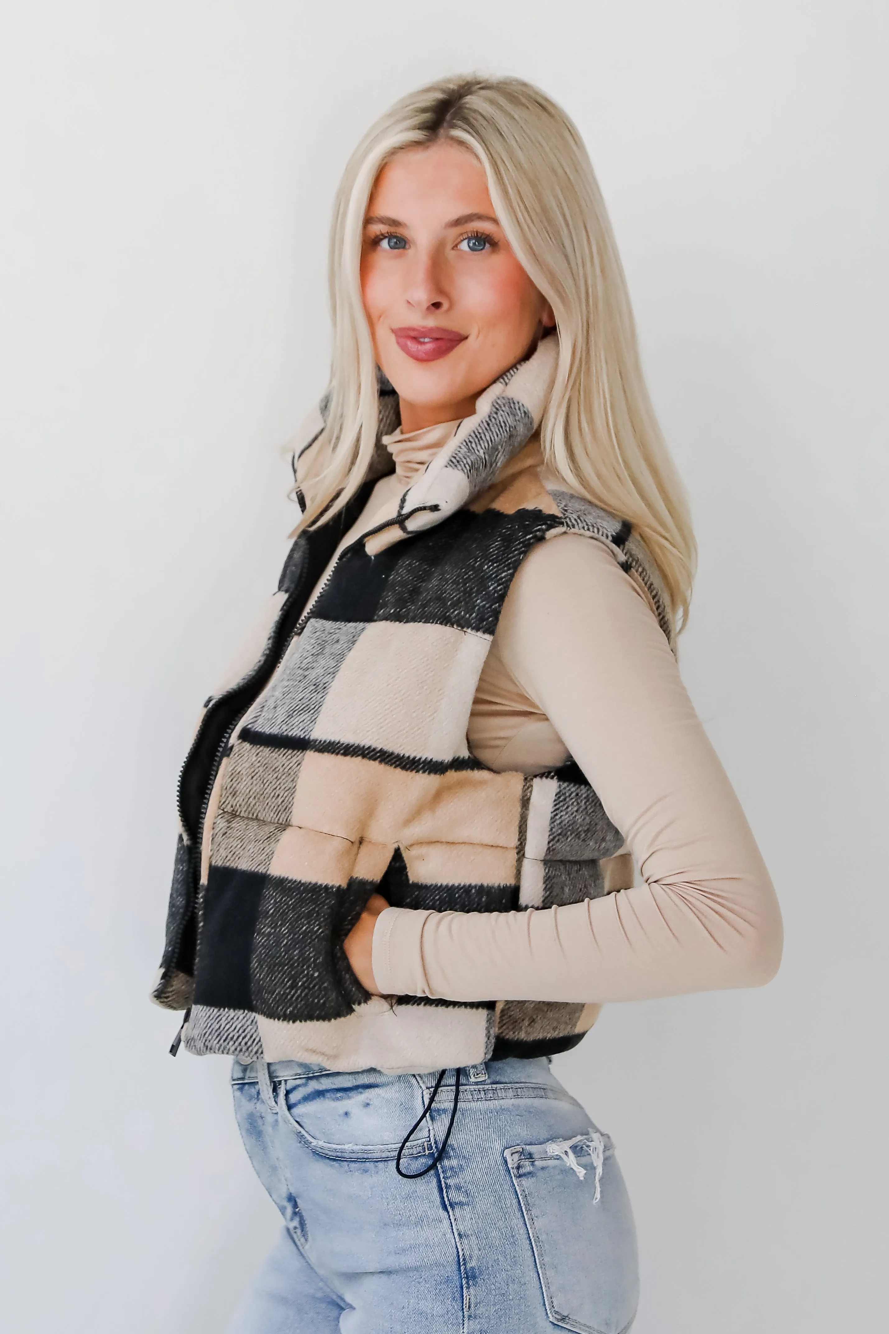 FINAL SALE - Wintertime Crush Taupe Plaid Puffer Vest