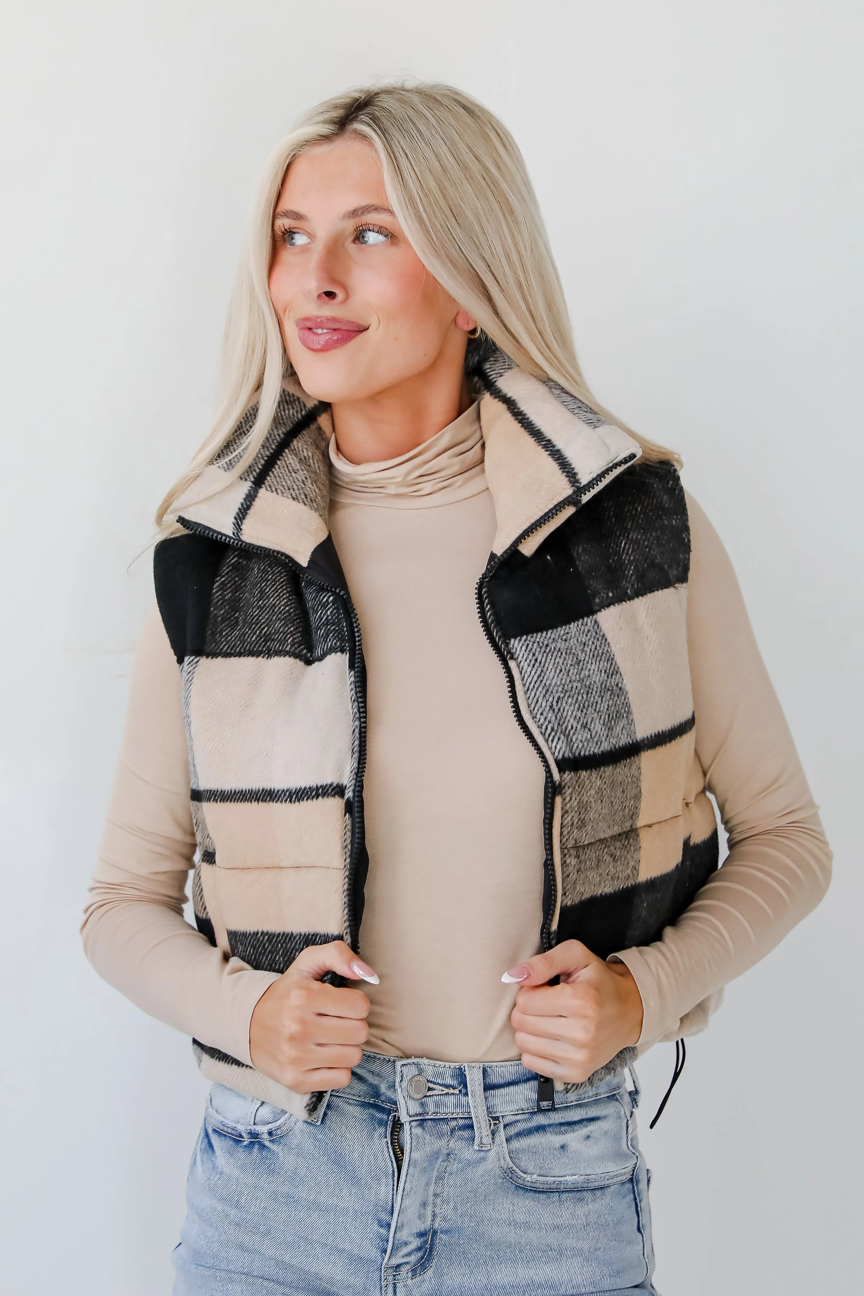 FINAL SALE - Wintertime Crush Taupe Plaid Puffer Vest