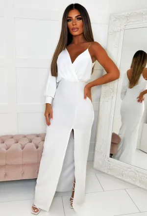 Goddess Vibes White One Sleeve Wrap Top Slinky Maxi Dress