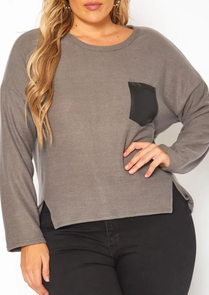 HI Curvy Plus Size Women Faux Leather Pocket Hem Sweater