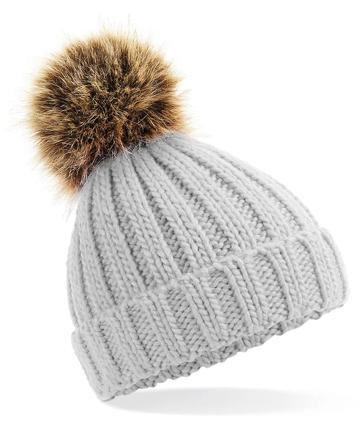 Infant/junior fur pom pom chunky beanie | Light Grey