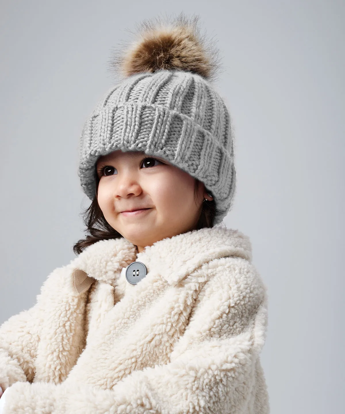 Infant/junior fur pom pom chunky beanie | Light Grey