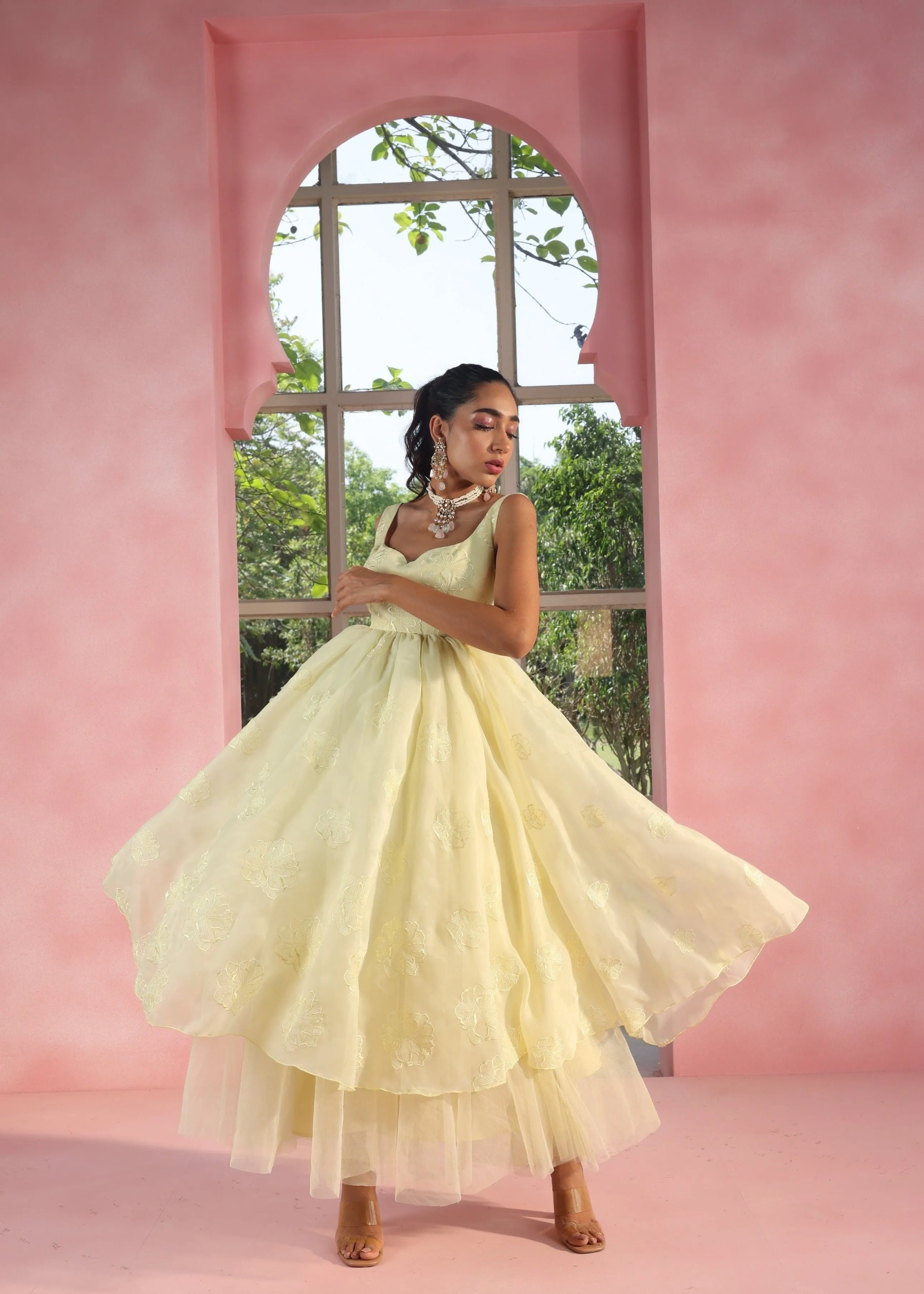 Kasvi Yellow Embroidered Organza Anarkali with Churidar