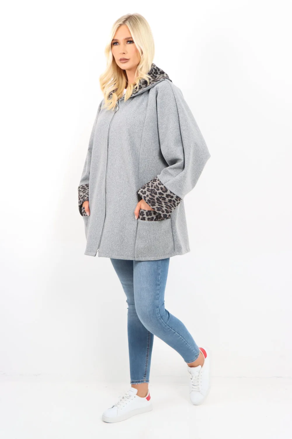 Leopard Collar Zip Up Front Pocket Coat