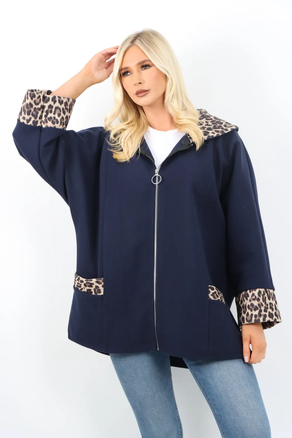 Leopard Collar Zip Up Front Pocket Coat