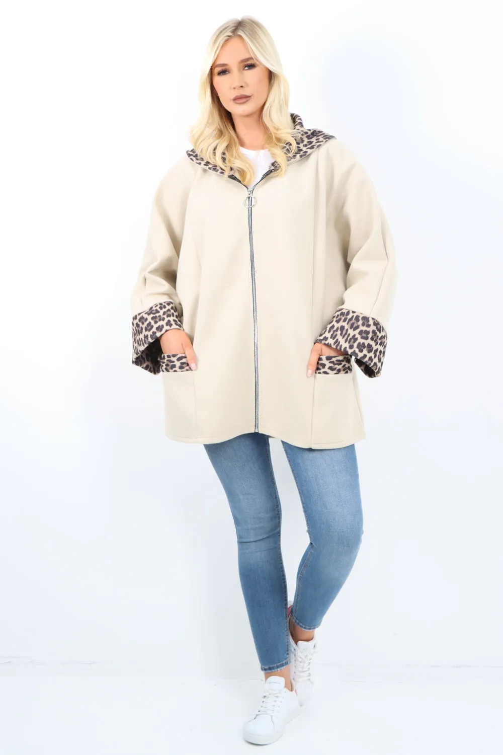 Leopard Collar Zip Up Front Pocket Coat