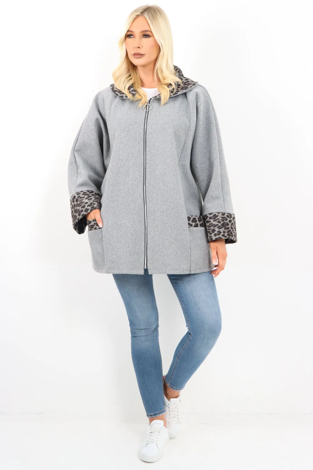 Leopard Collar Zip Up Front Pocket Coat