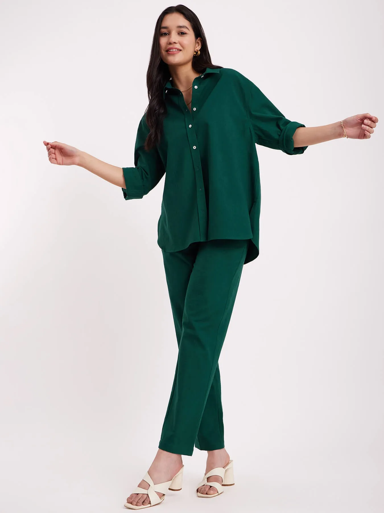 Linen Oversized Shirt And Trouser Co-ord - Green