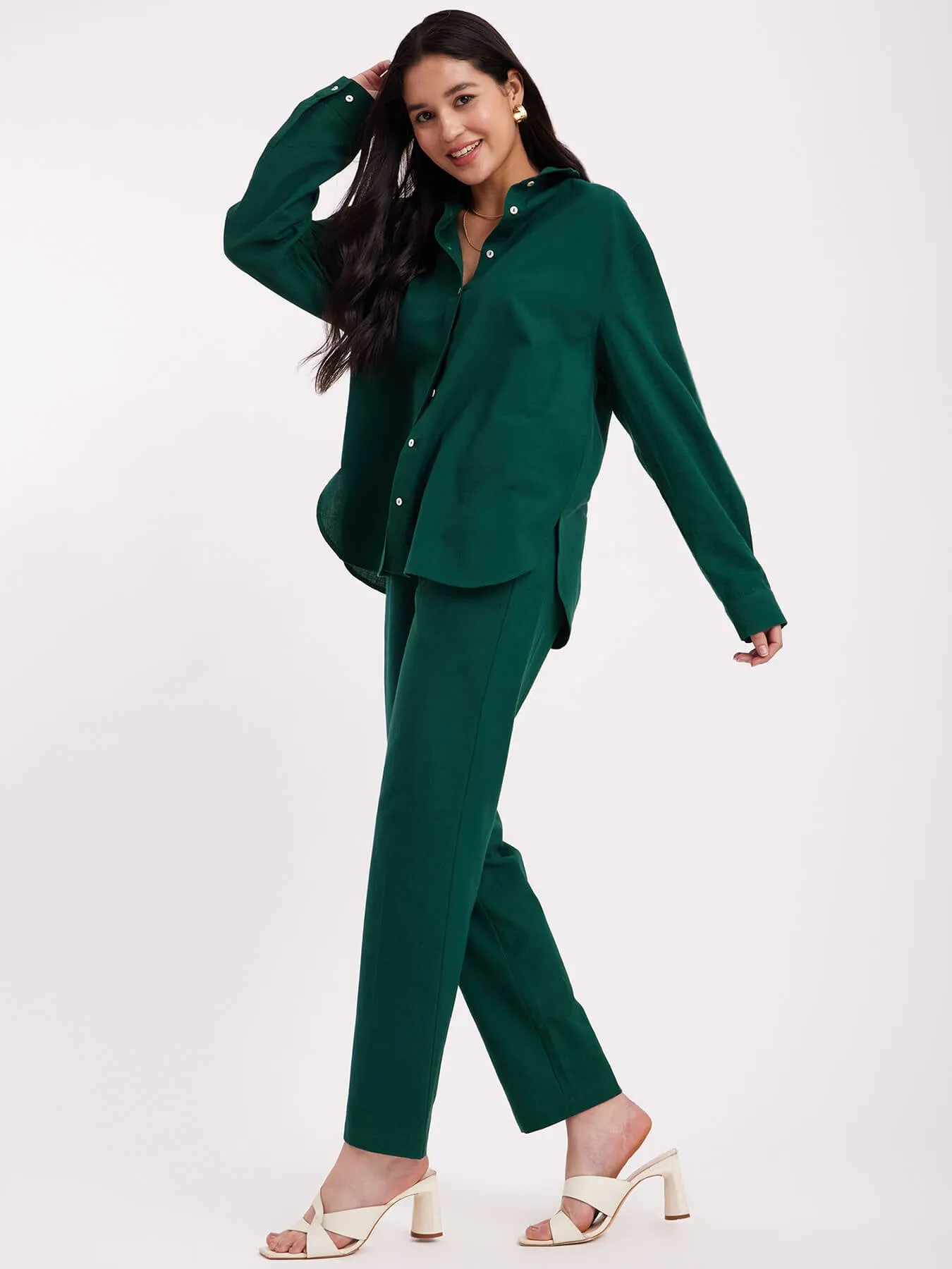 Linen Oversized Shirt And Trouser Co-ord - Green