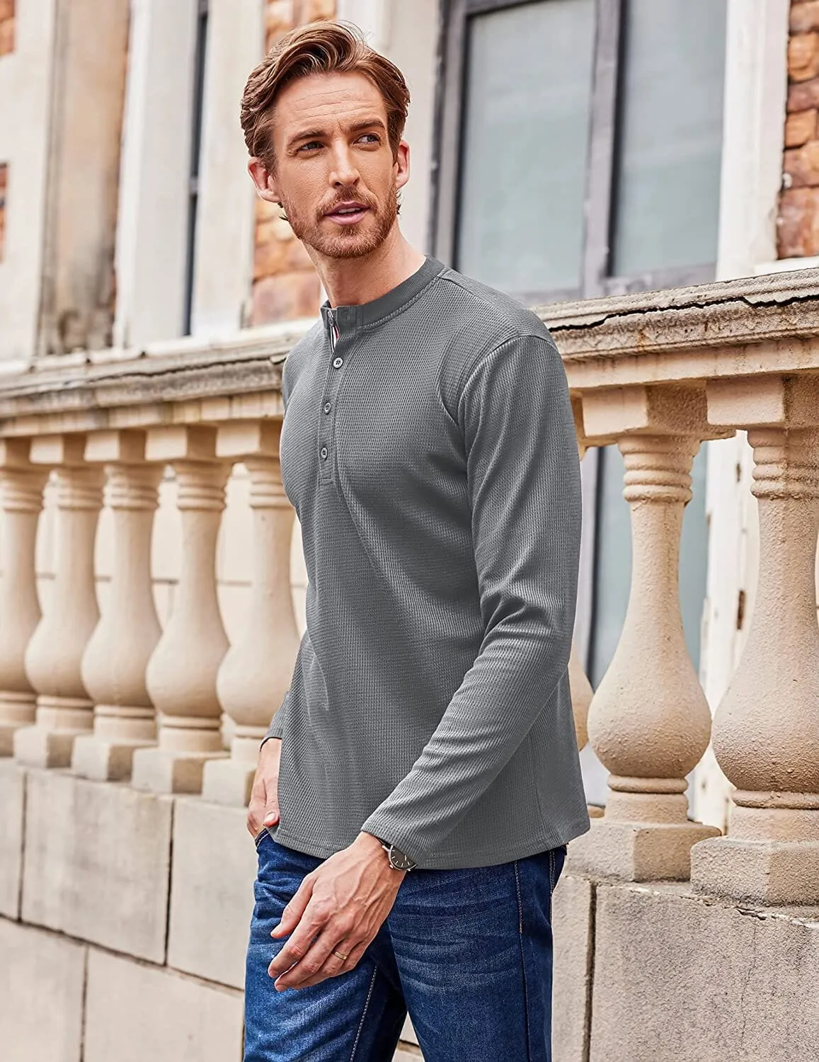 Long Sleeve Waffle Henley Shirts (US Only)