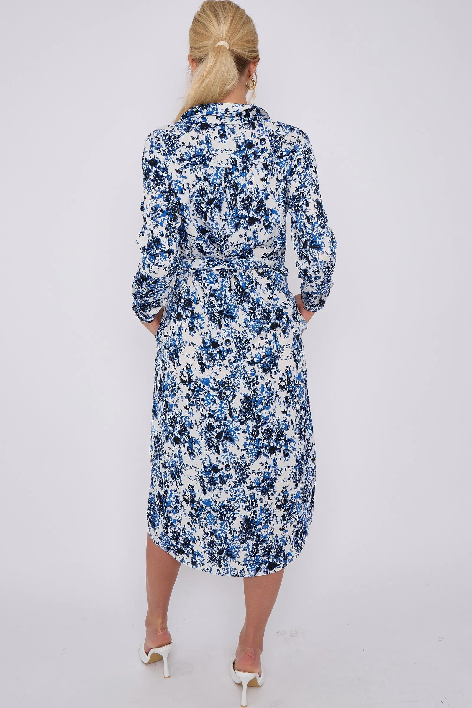 LOVE SUNSHINE Blue Tie Dye Print Long Sleeve Midi Shirt Dress