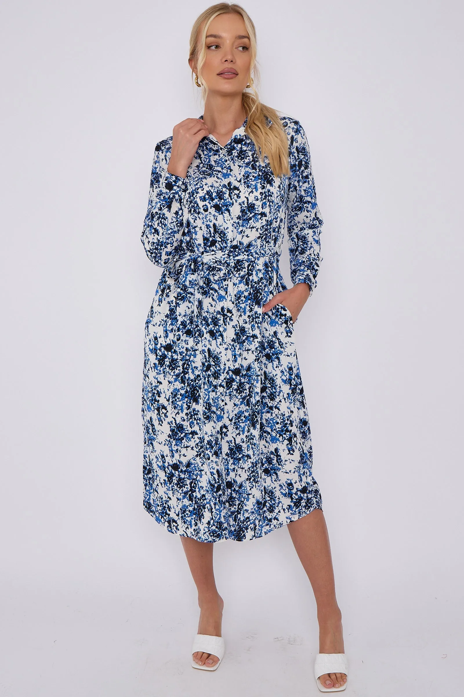 LOVE SUNSHINE Blue Tie Dye Print Long Sleeve Midi Shirt Dress