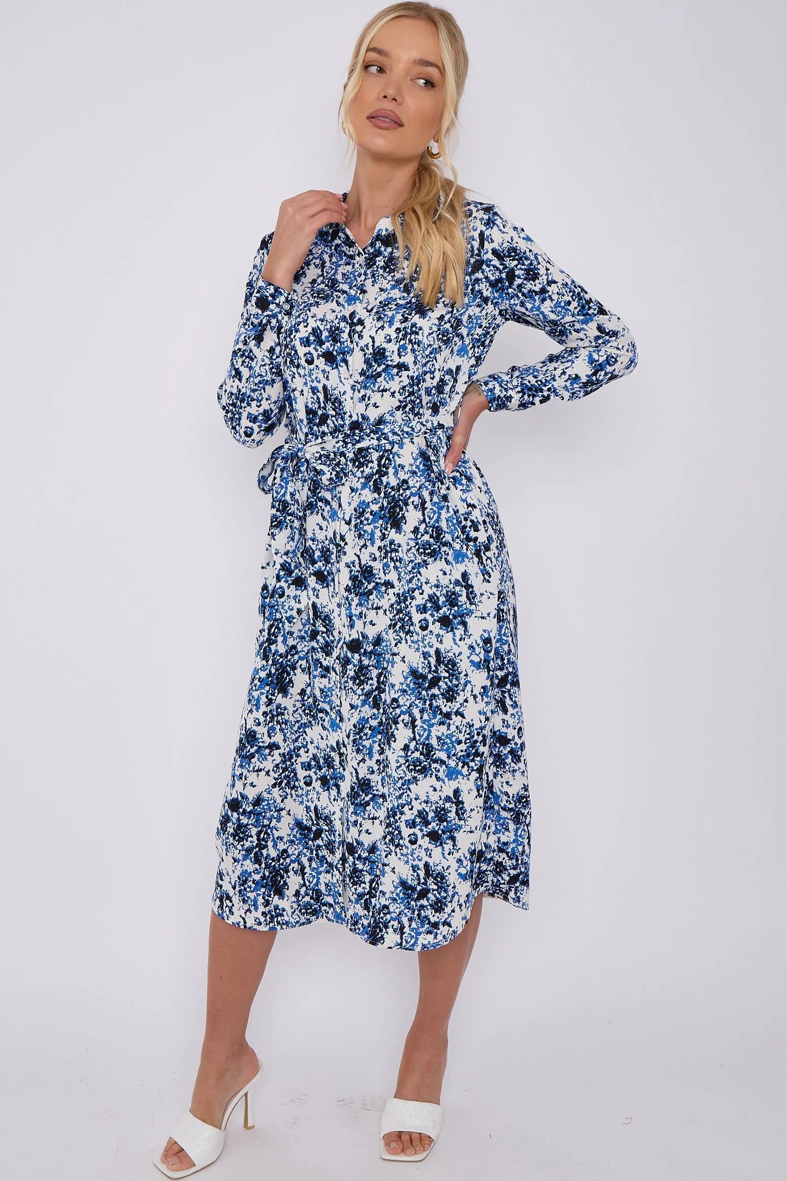 LOVE SUNSHINE Blue Tie Dye Print Long Sleeve Midi Shirt Dress