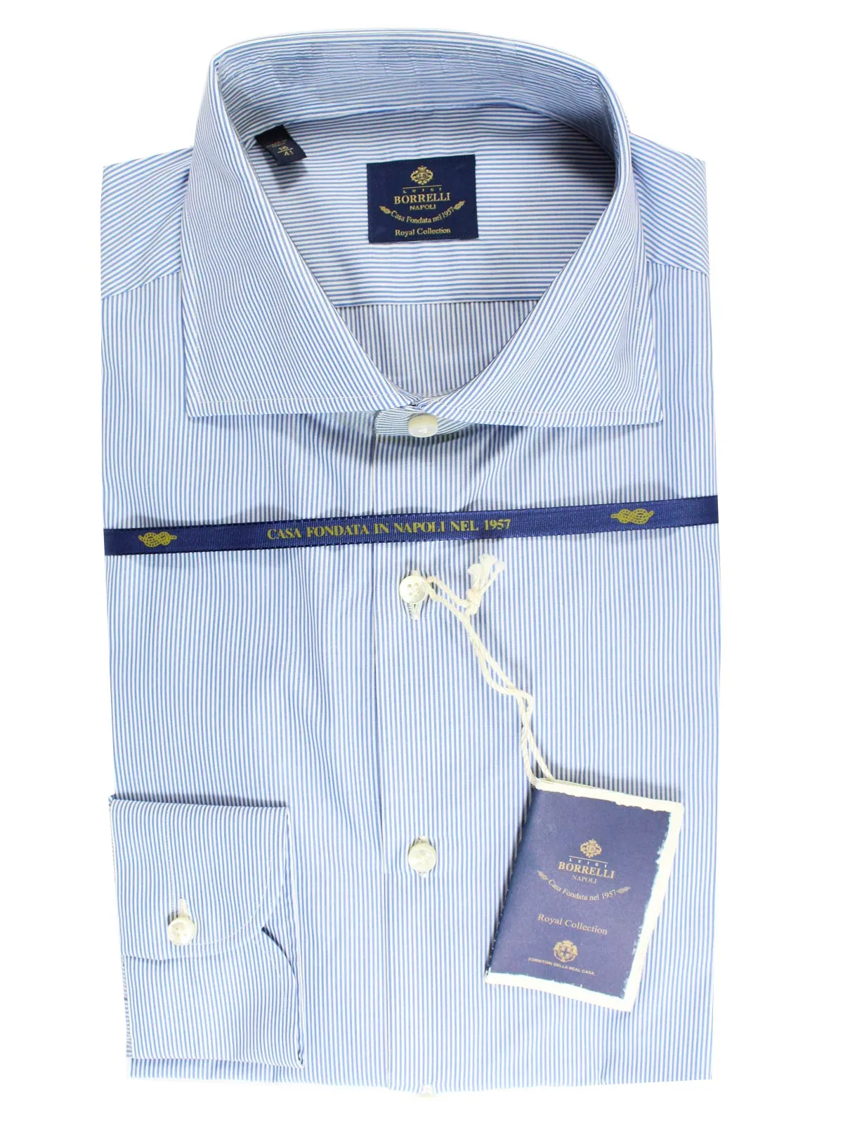 Luigi Borrelli Dress Shirt ROYAL COLLECTION Classic White Navy Stripes 38 - 15 SALE