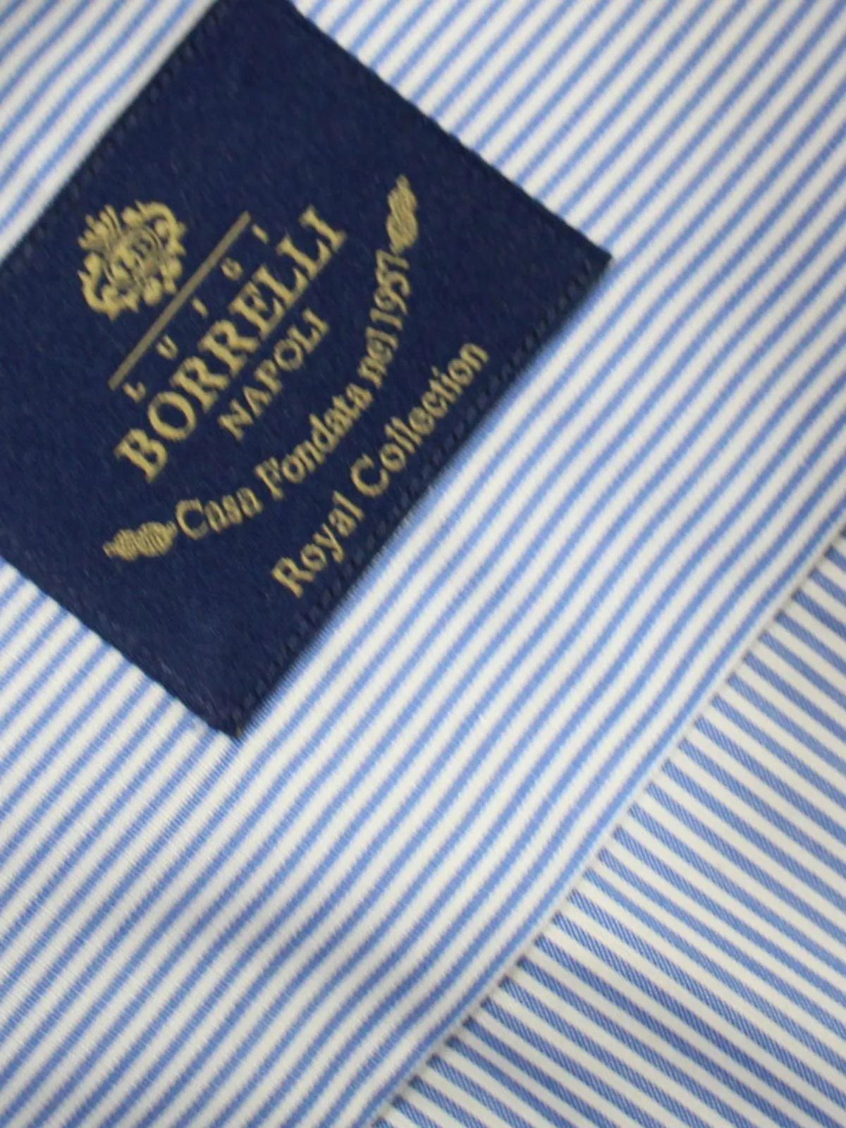 Luigi Borrelli Dress Shirt ROYAL COLLECTION Classic White Navy Stripes 38 - 15 SALE