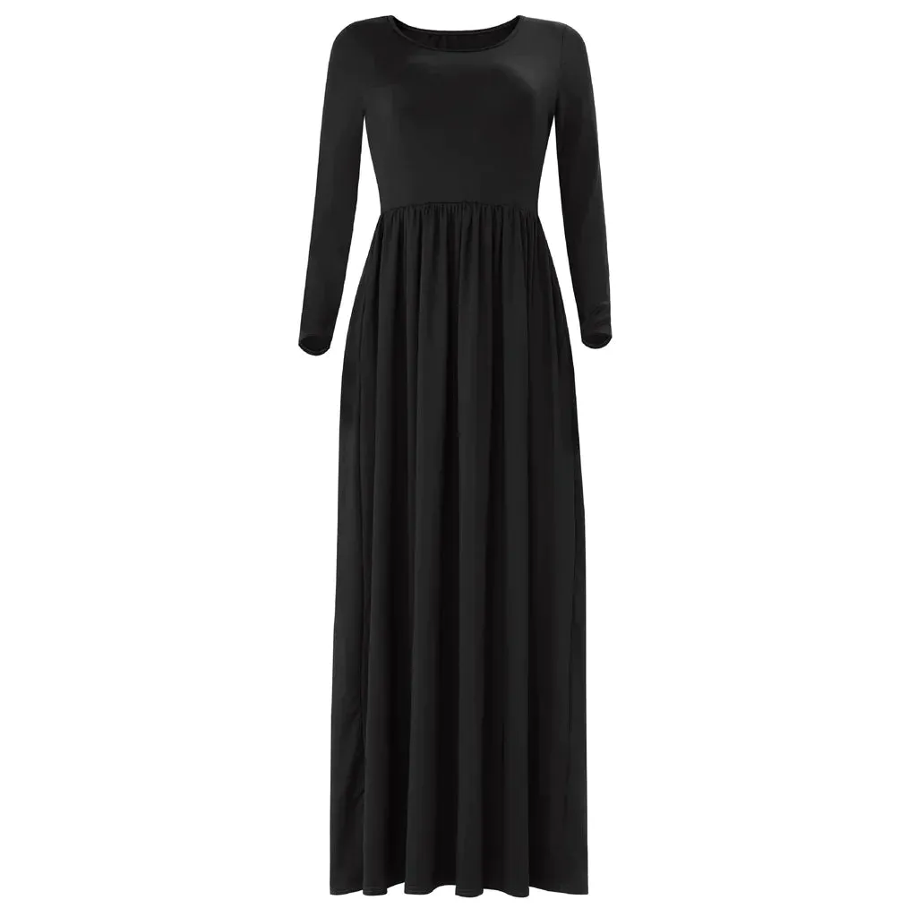 MB FASHION Elegant Long Sleeve Maxi Dress with Gathered Waist 1888