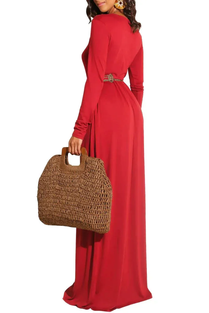 MB FASHION Elegant Long Sleeve Maxi Dress with Gathered Waist 1888