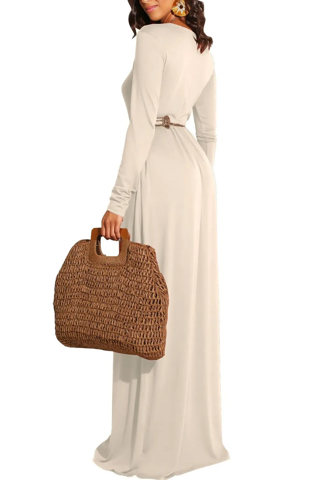 MB FASHION Elegant Long Sleeve Maxi Dress with Gathered Waist 1888