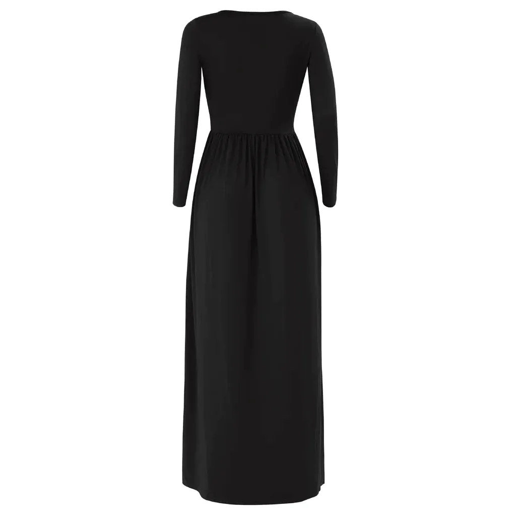 MB FASHION Elegant Long Sleeve Maxi Dress with Gathered Waist 1888