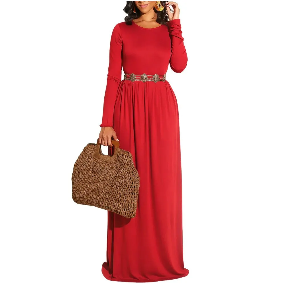 MB FASHION Elegant Long Sleeve Maxi Dress with Gathered Waist 1888